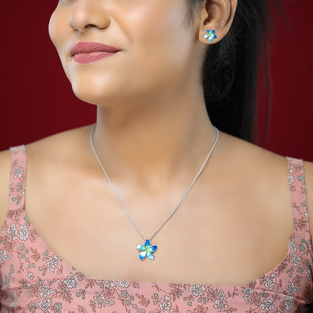 Serene Blue Green Plumeria Rhodium Plated 925 Chain Pendants Modal
