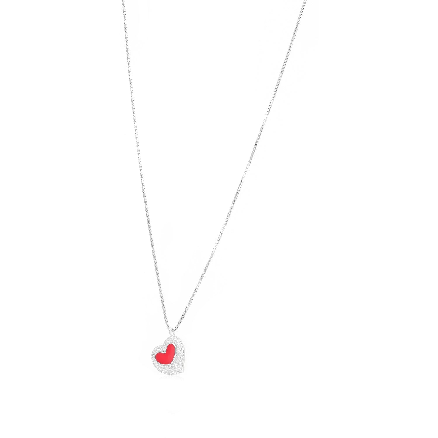 Shimmering Heart Rhodium Plated Centred Red Heart Chain Pendant
