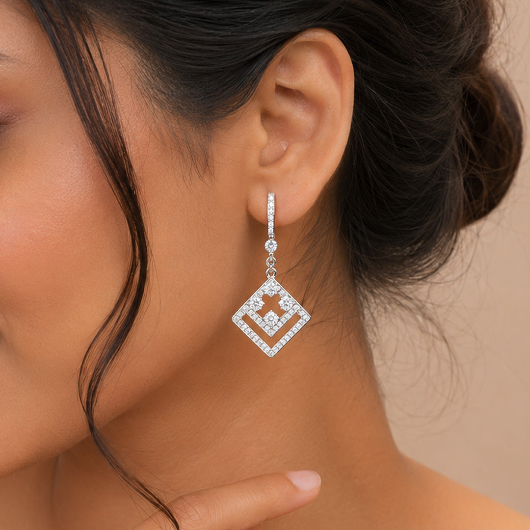Silver Art Deco Geometric Square Drop Earrings
