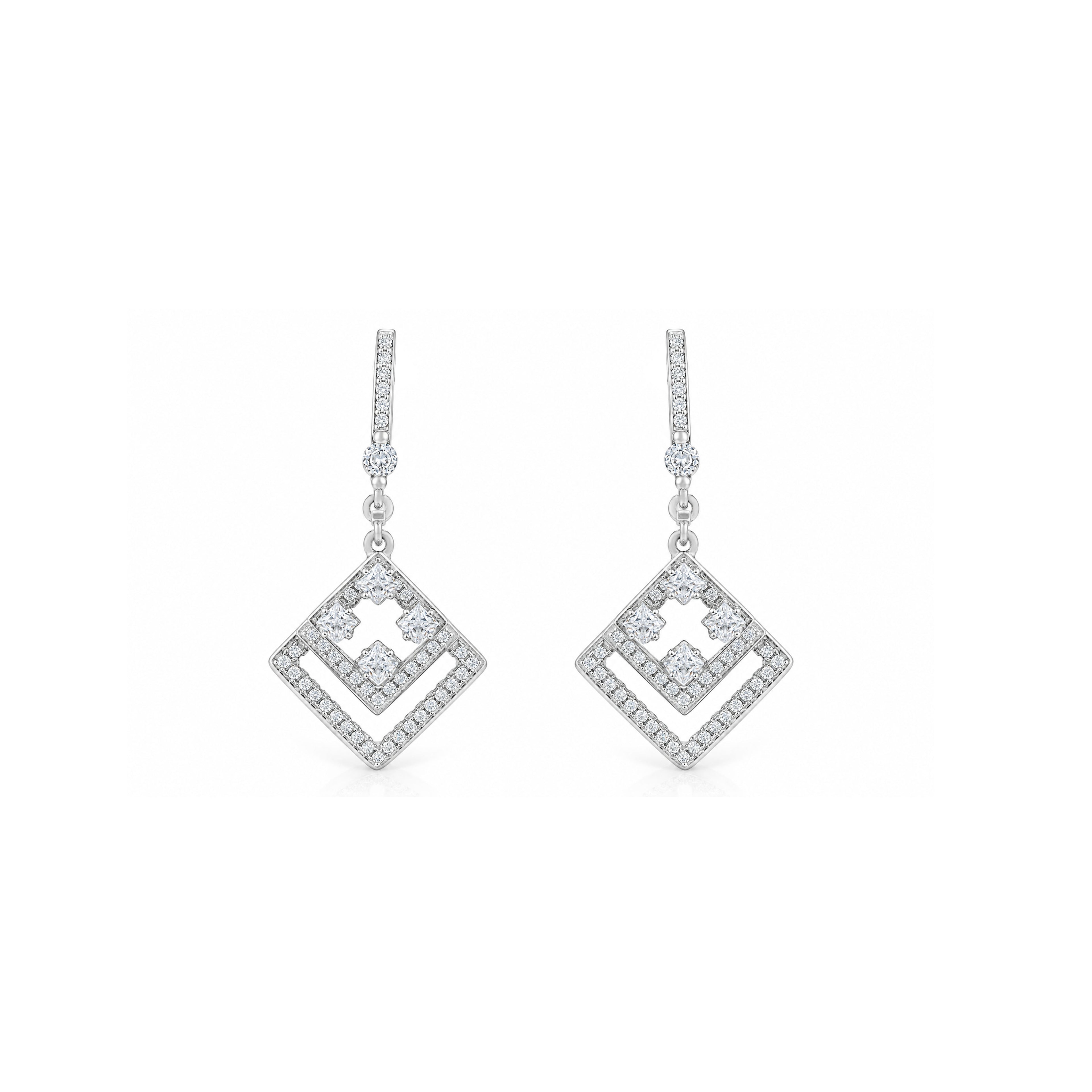 Silver Art Deco Geometric Square Drop Earrings