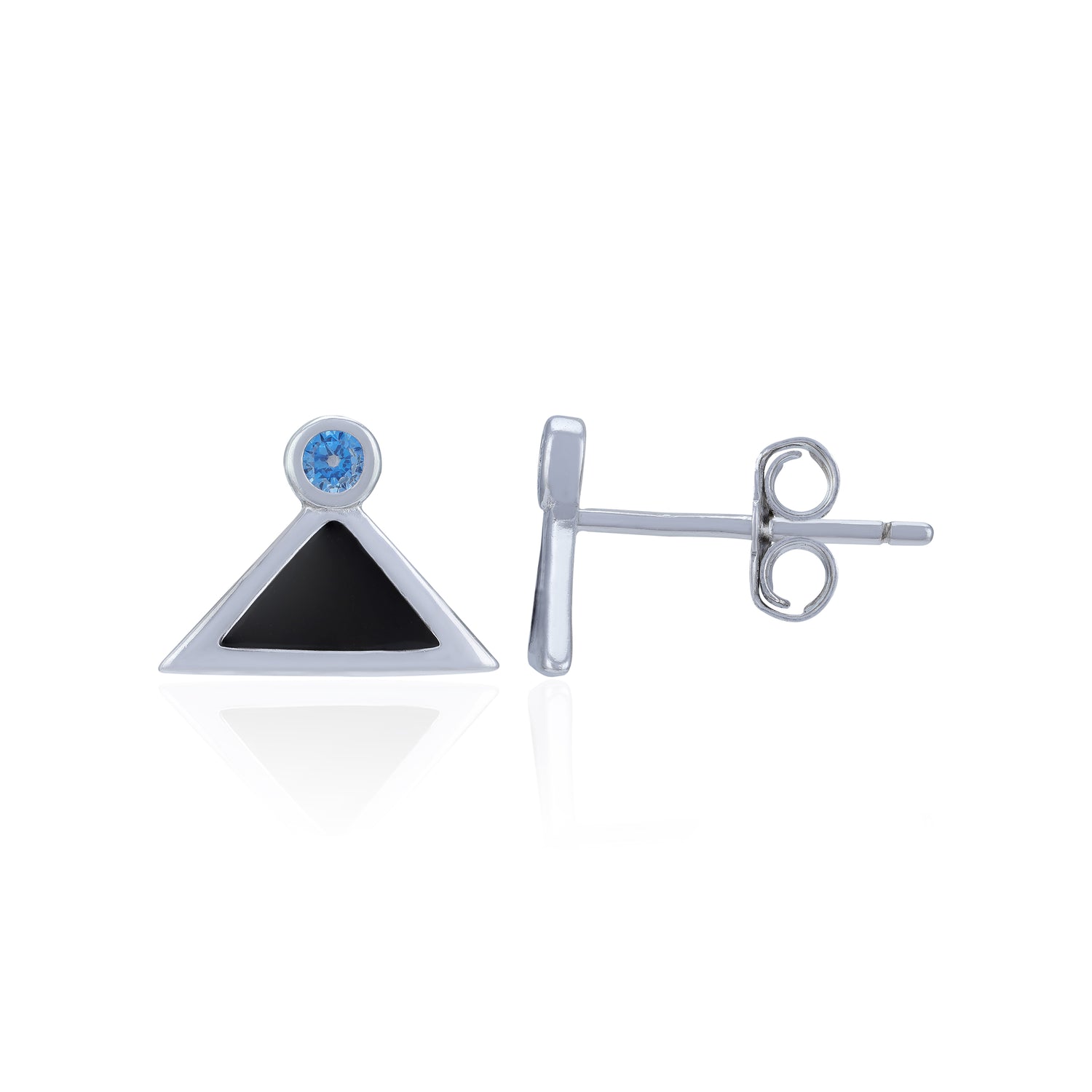 Pair of silver earrings with a black triangle and blue gemstone
