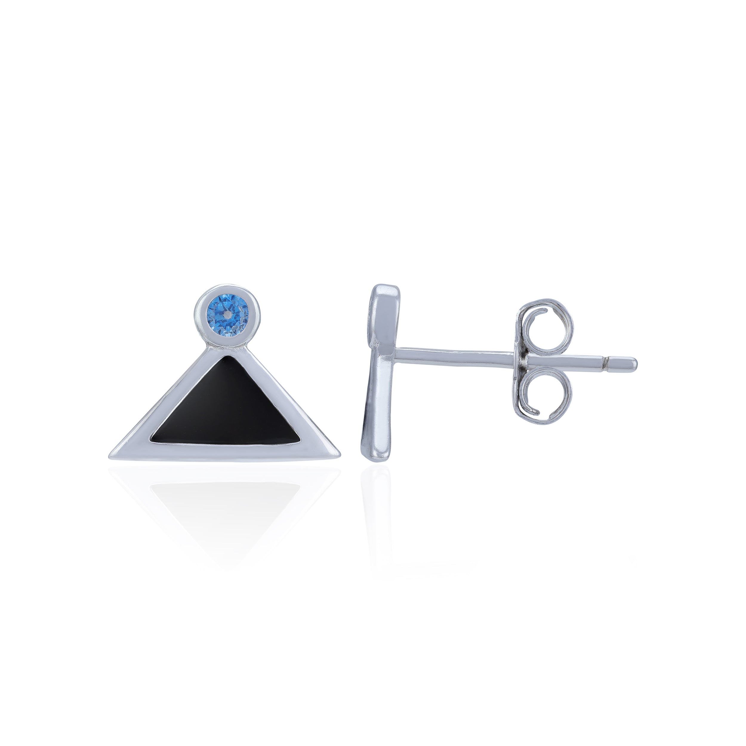Pair of silver earrings with a black triangle and blue gemstone