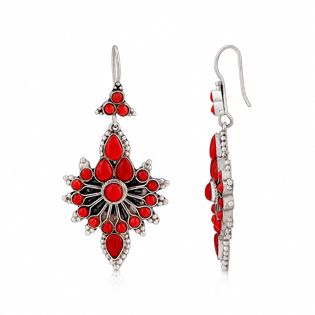 Silver Coral Red Chandelier Earrings