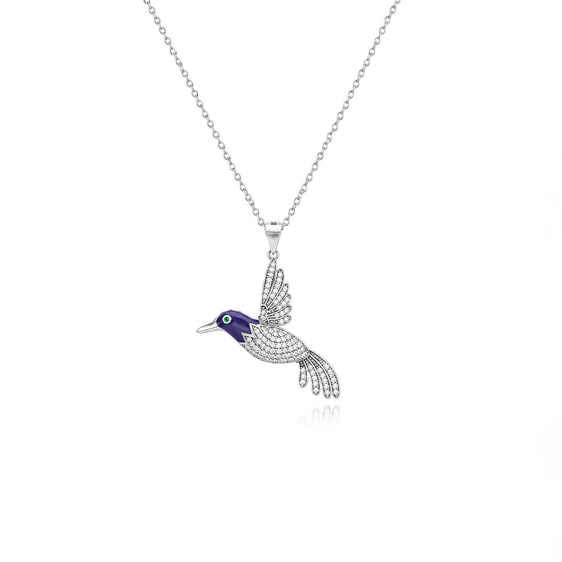 Silver Hummingbird Blue Enamel Chain Pendant