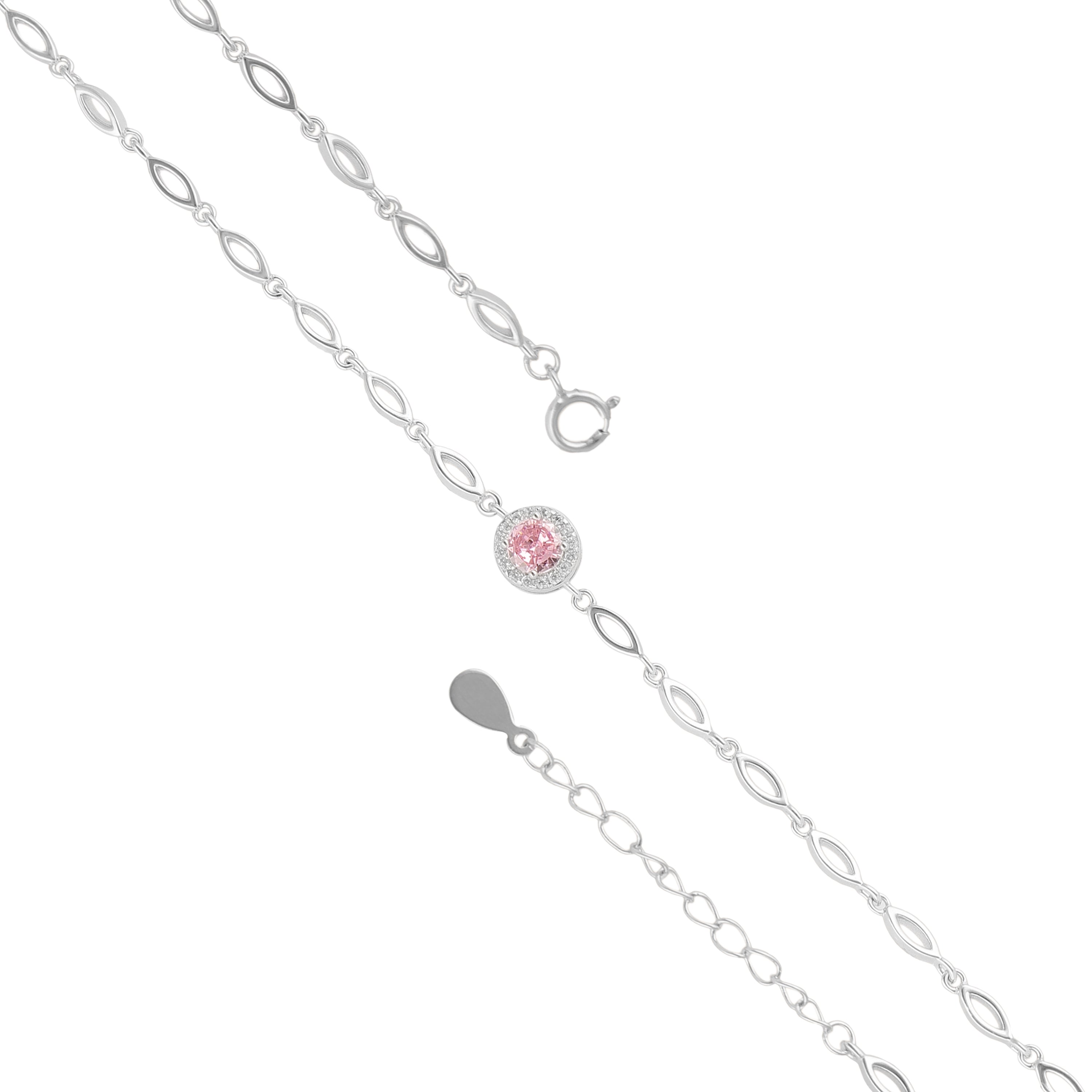 925 Sterling Silver October Month Circle Pink Tourmaline Birthstone Bracelet For Women