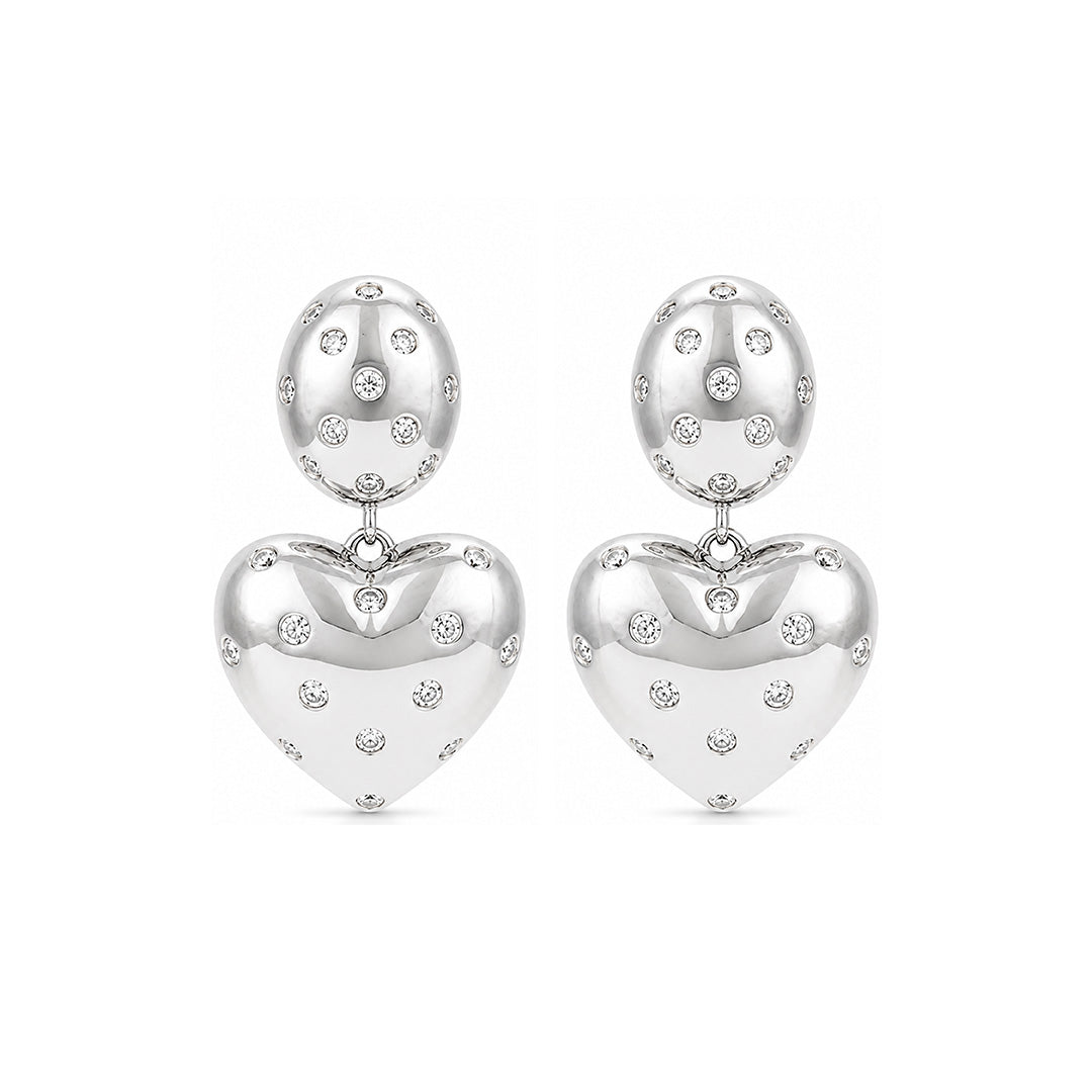 Silver Polka Dot CZ Heart Drop Earrings