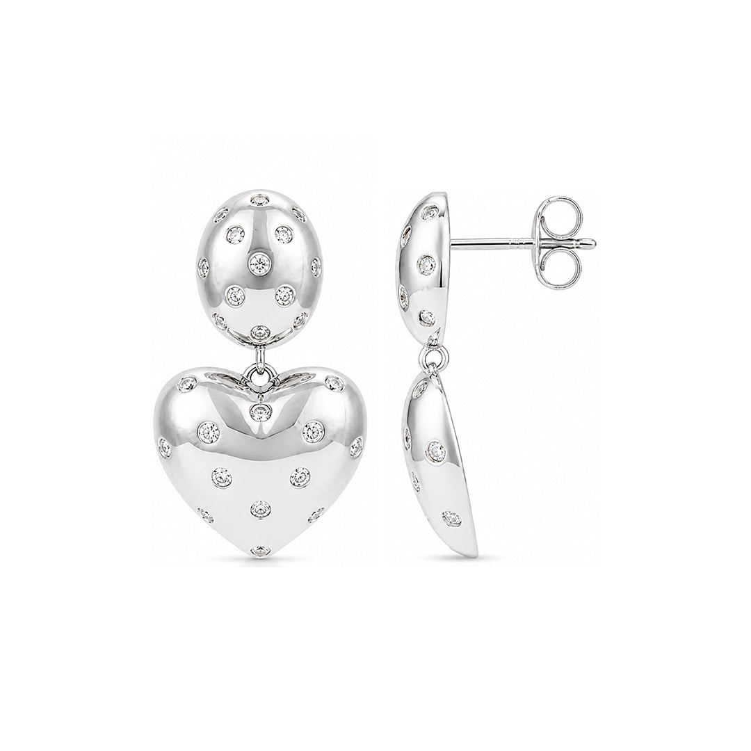 Silver Polka Dot CZ Heart Drop Earrings