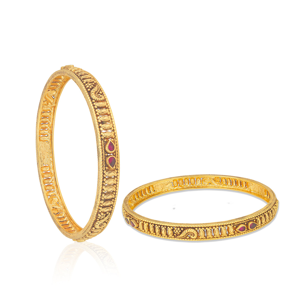 925 Sterling Silver Vintage Red Teardrop Textured Gold Plated Bangles for Women