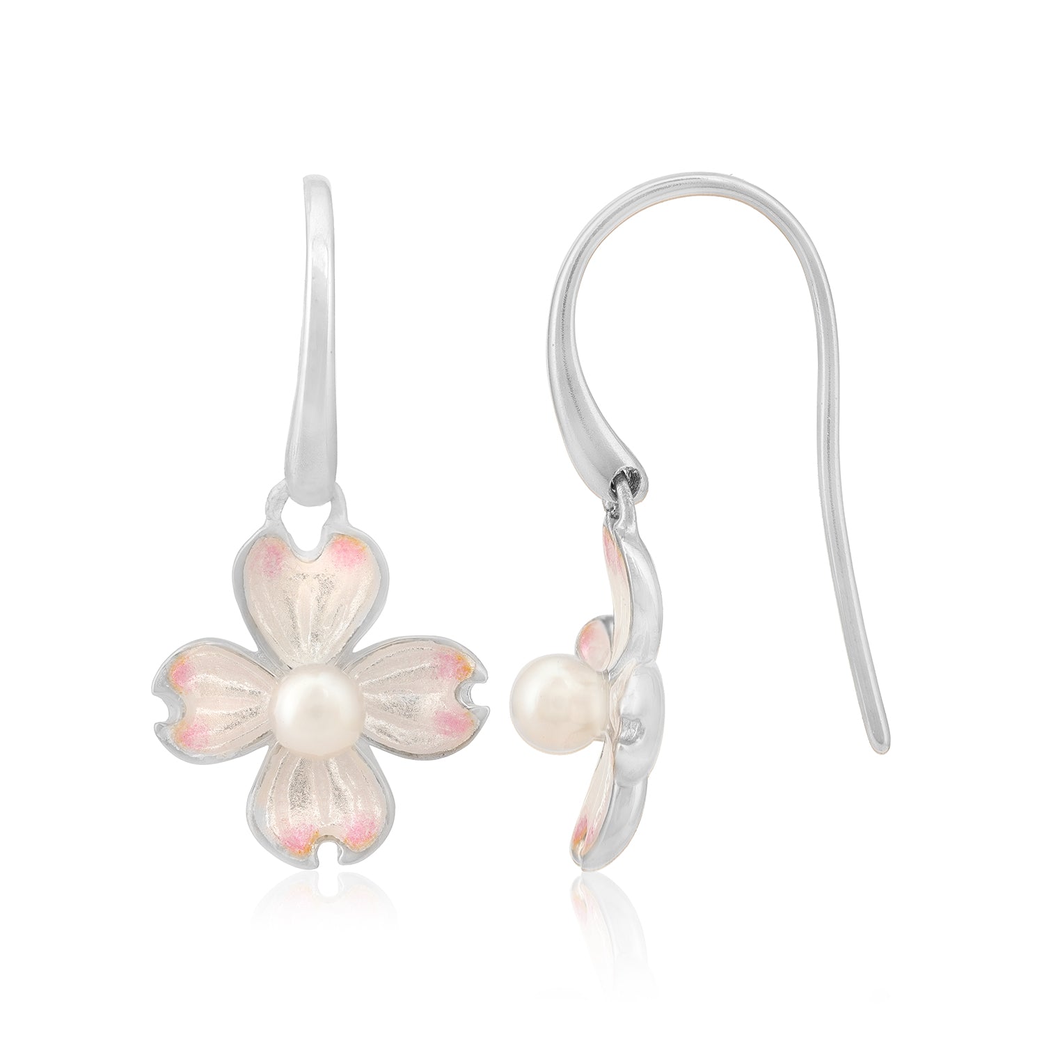 Soft Pink Bloom 925 Rhodium Plated Pearl Enamel Hook Earrings