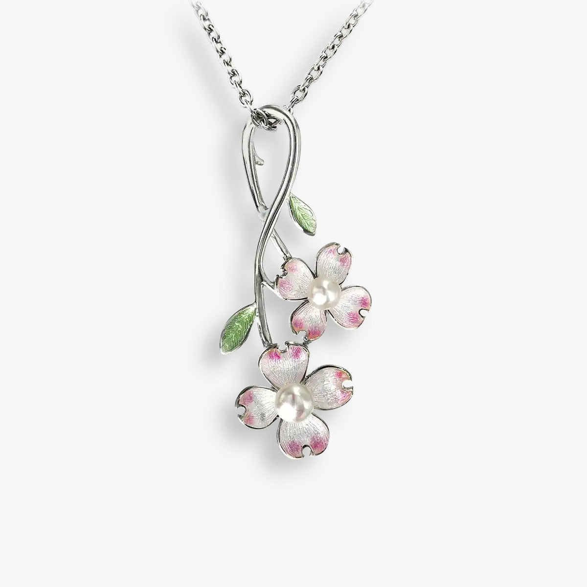 Soft Pink Bloom Leaf Detailing 925 Pearl Enamel Chain Pendants