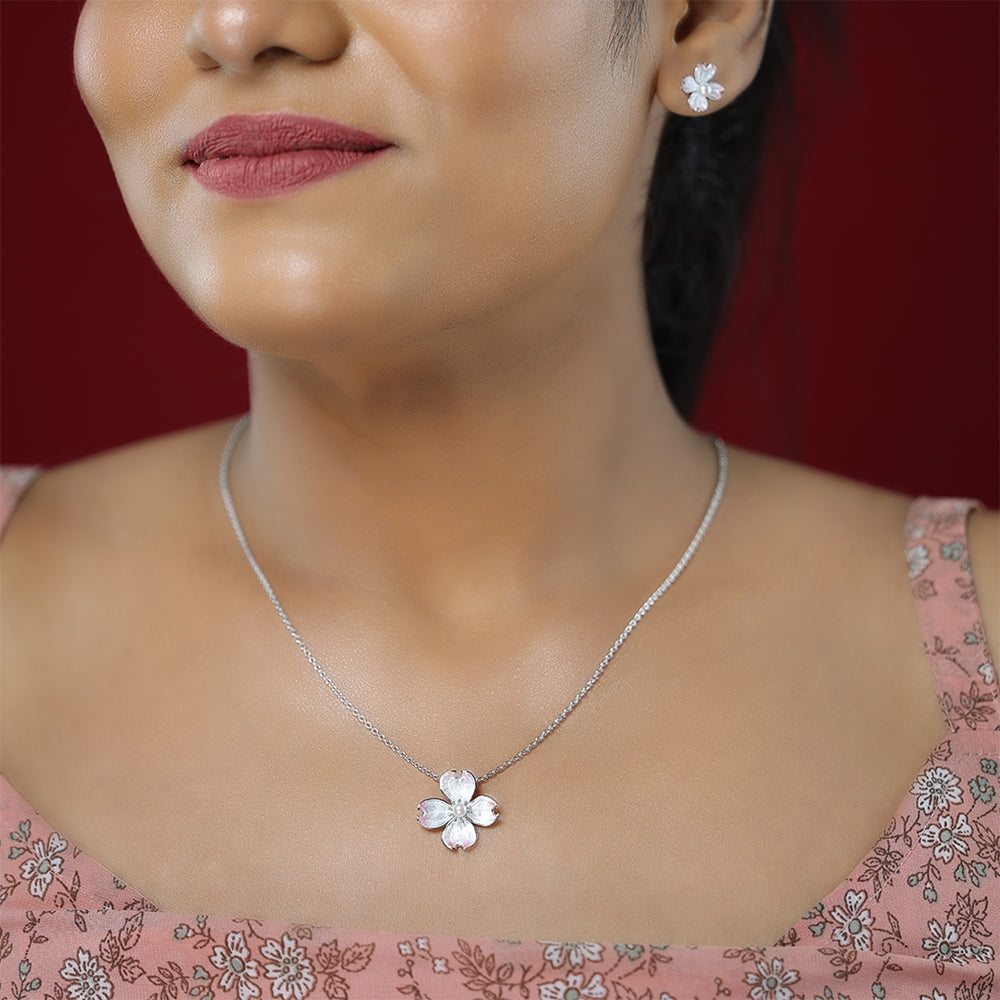 Soft Pink Bloom Rhodium Plated 925 Pearl Enamel Pendant Chain