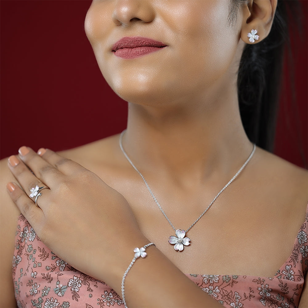 Soft Pink Bloom Rhodium Plated 925 Pearl Enamel Pendant Chain Modal