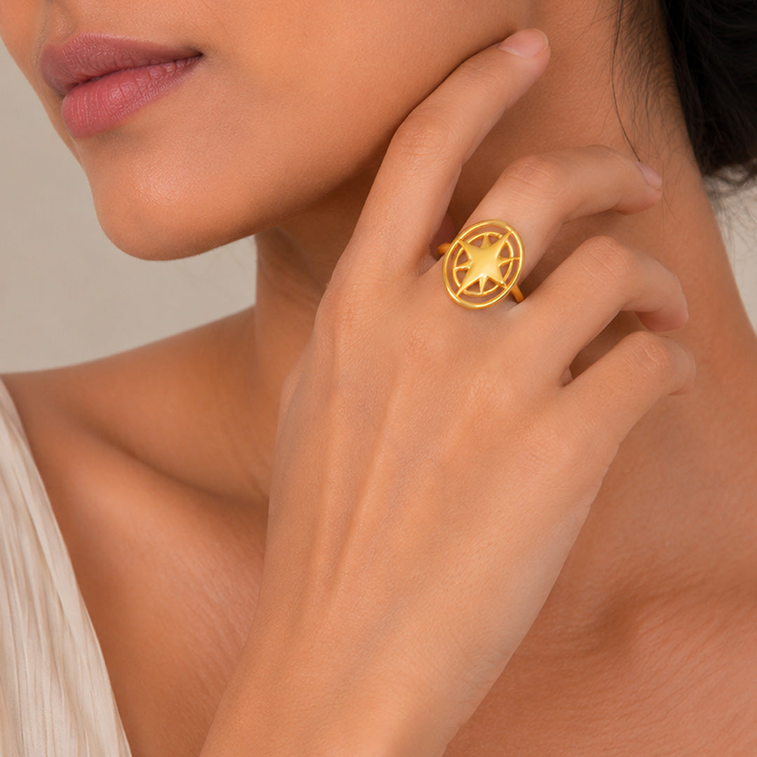 Solar Compass Emblem Golden Geometric Statement Designer Ring