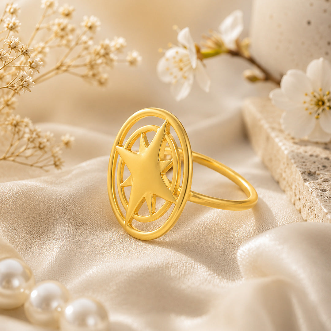 Solar Compass Emblem Golden Geometric Statement Designer Ring