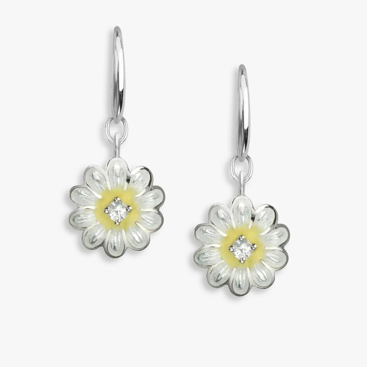 Solitary White Daisy Rhodium Hook Earrings