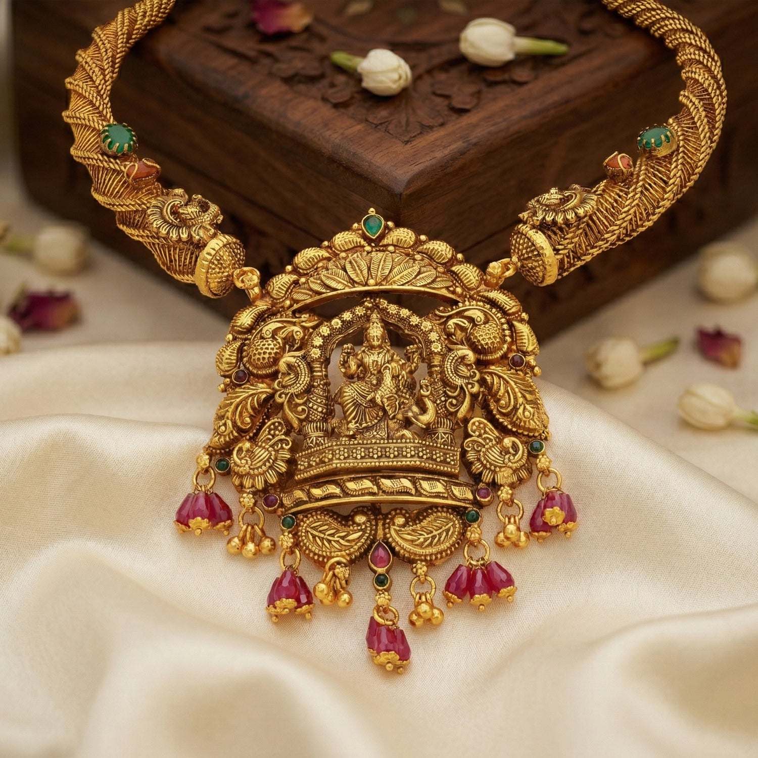South Indian Lakshmi Devi Antique 925 Sterling Silver Necklace for women