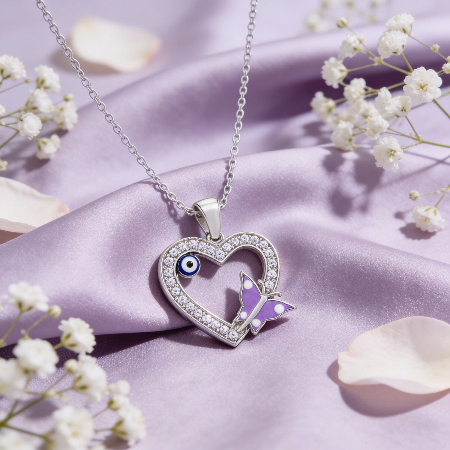 Sparkling Butterfly Heart 925 Sterling Silver Charm Pendant