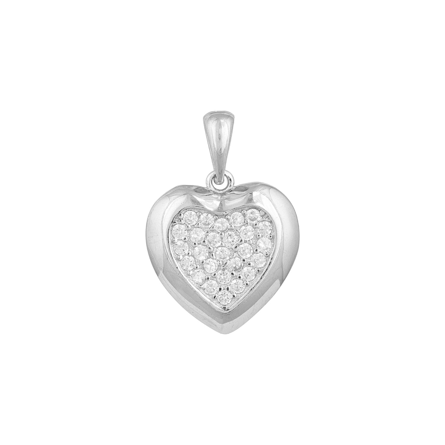 Silver heart-shaped pendant with embedded stones on a white background