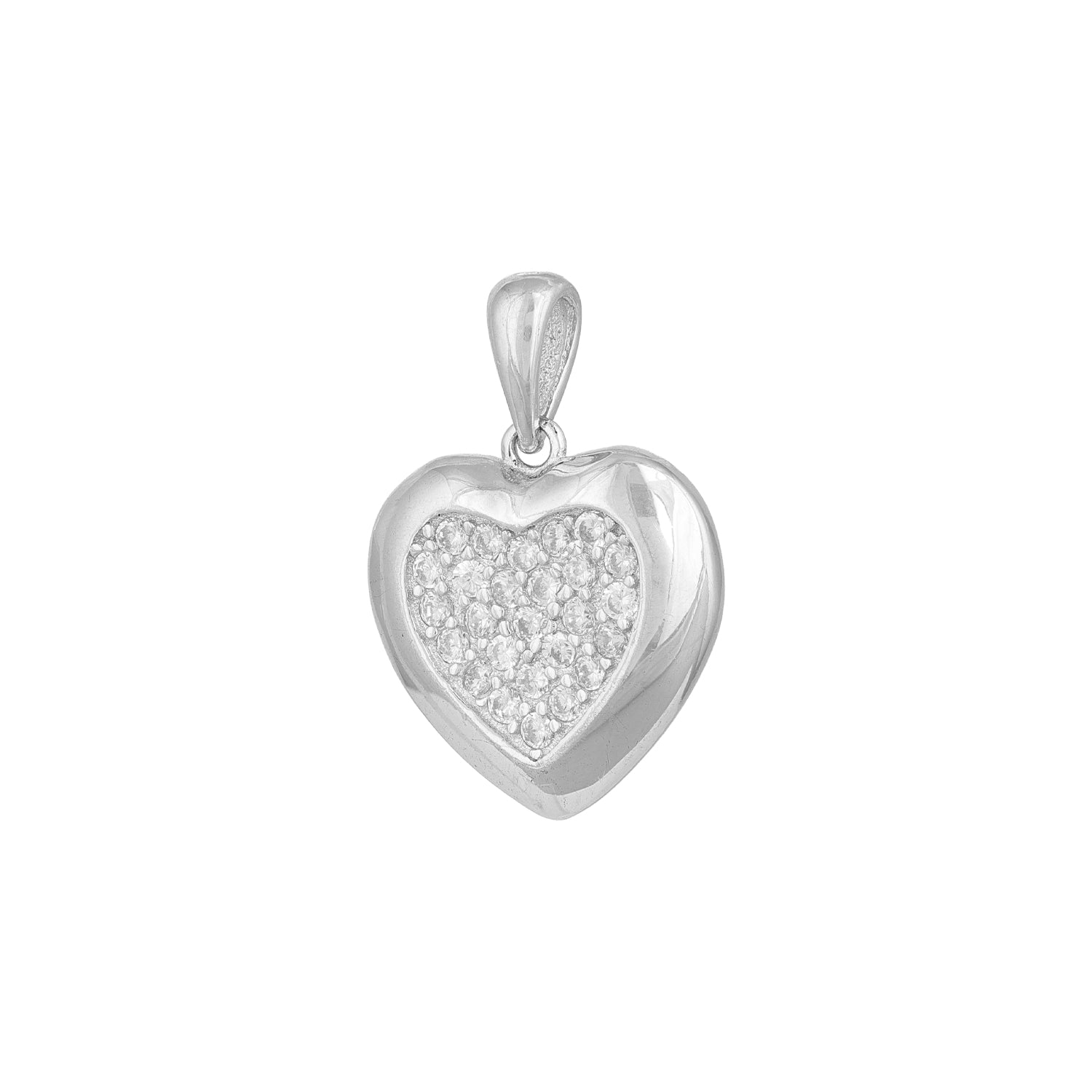 Silver heart-shaped pendant with a textured surface on a white background