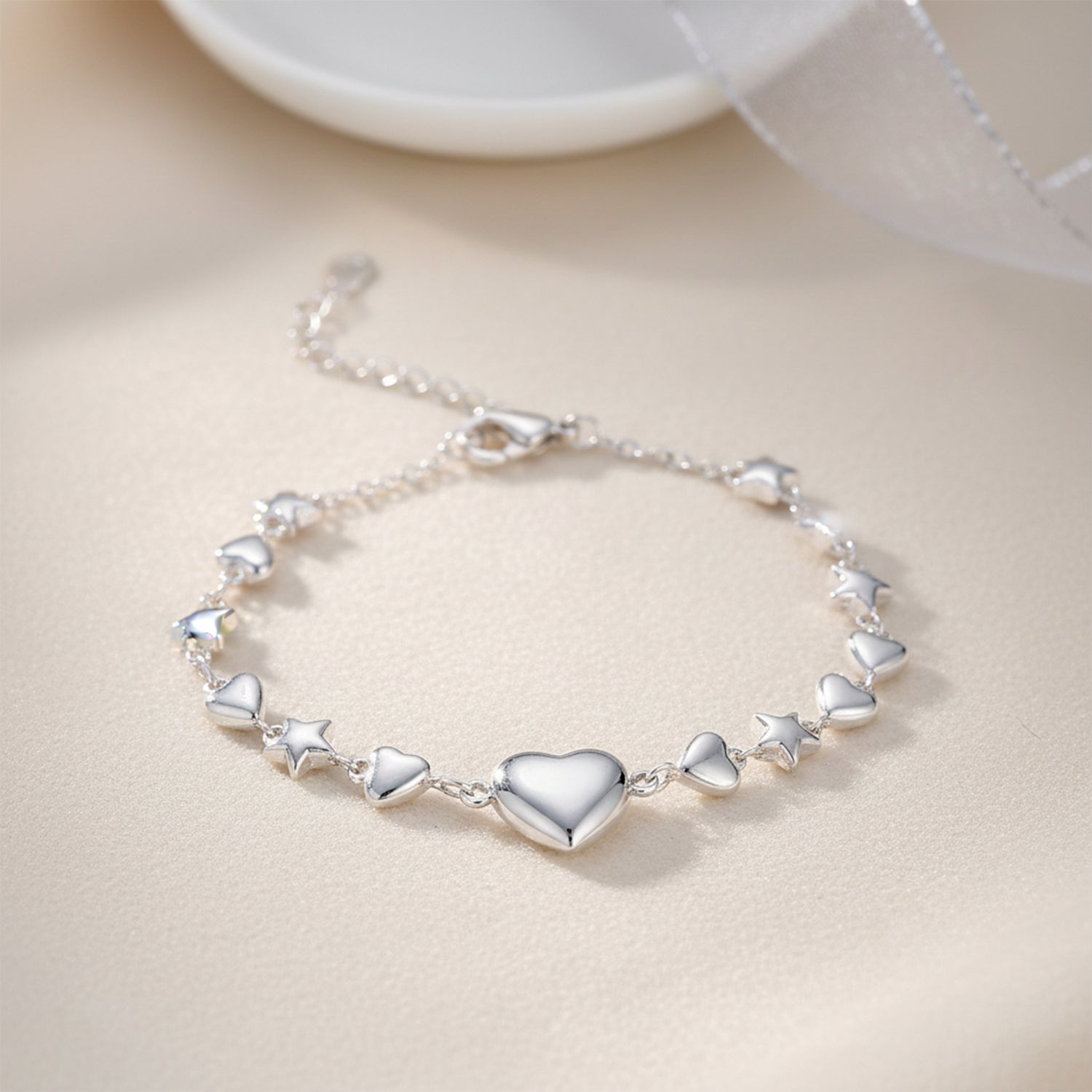 Star and Heart Charm Silver Bracelet