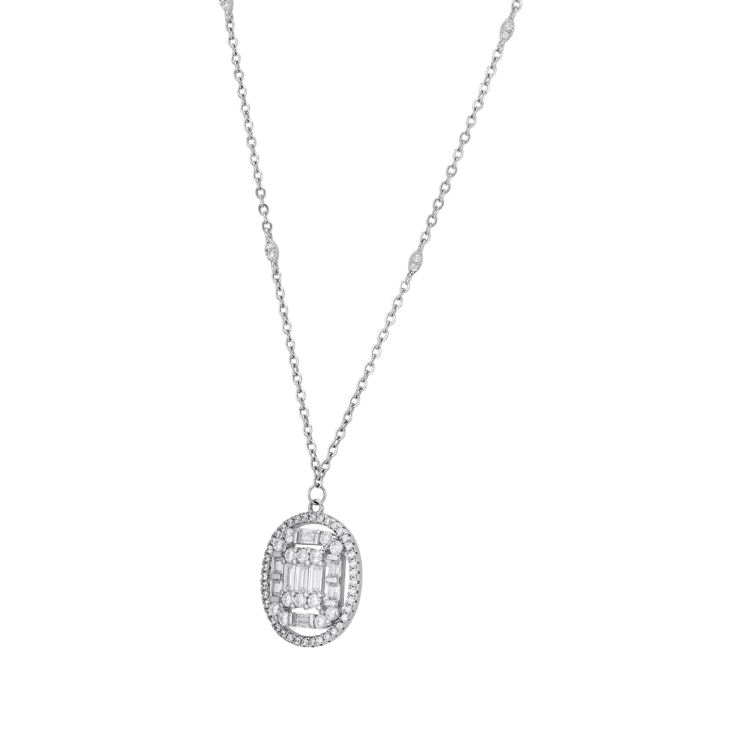 925 Sterling Silver Art Deco Oval Baguette Round Layered Halo Chain Pendant for Women