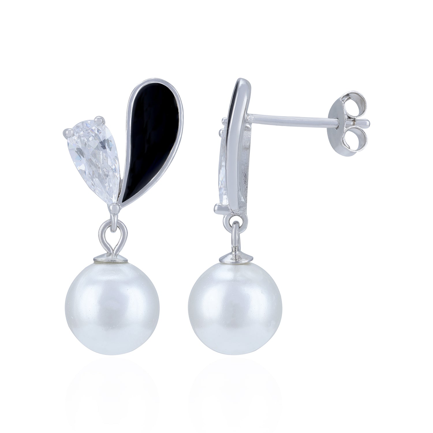 Pearl earrings with black and clear gemstones