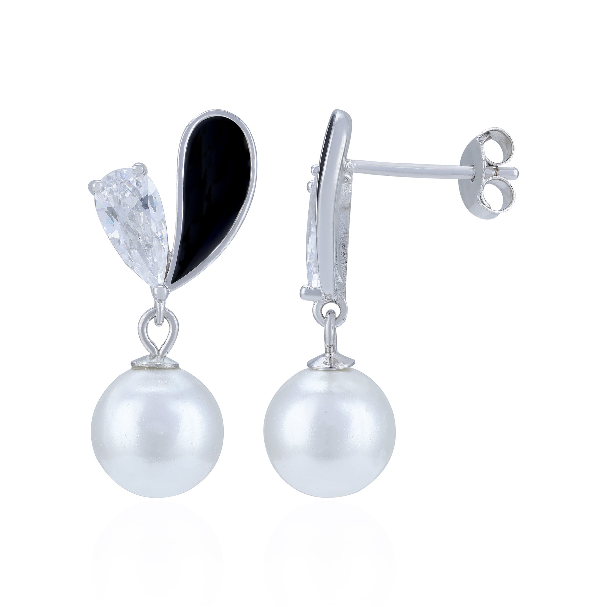 Pearl earrings with black and clear gemstones
