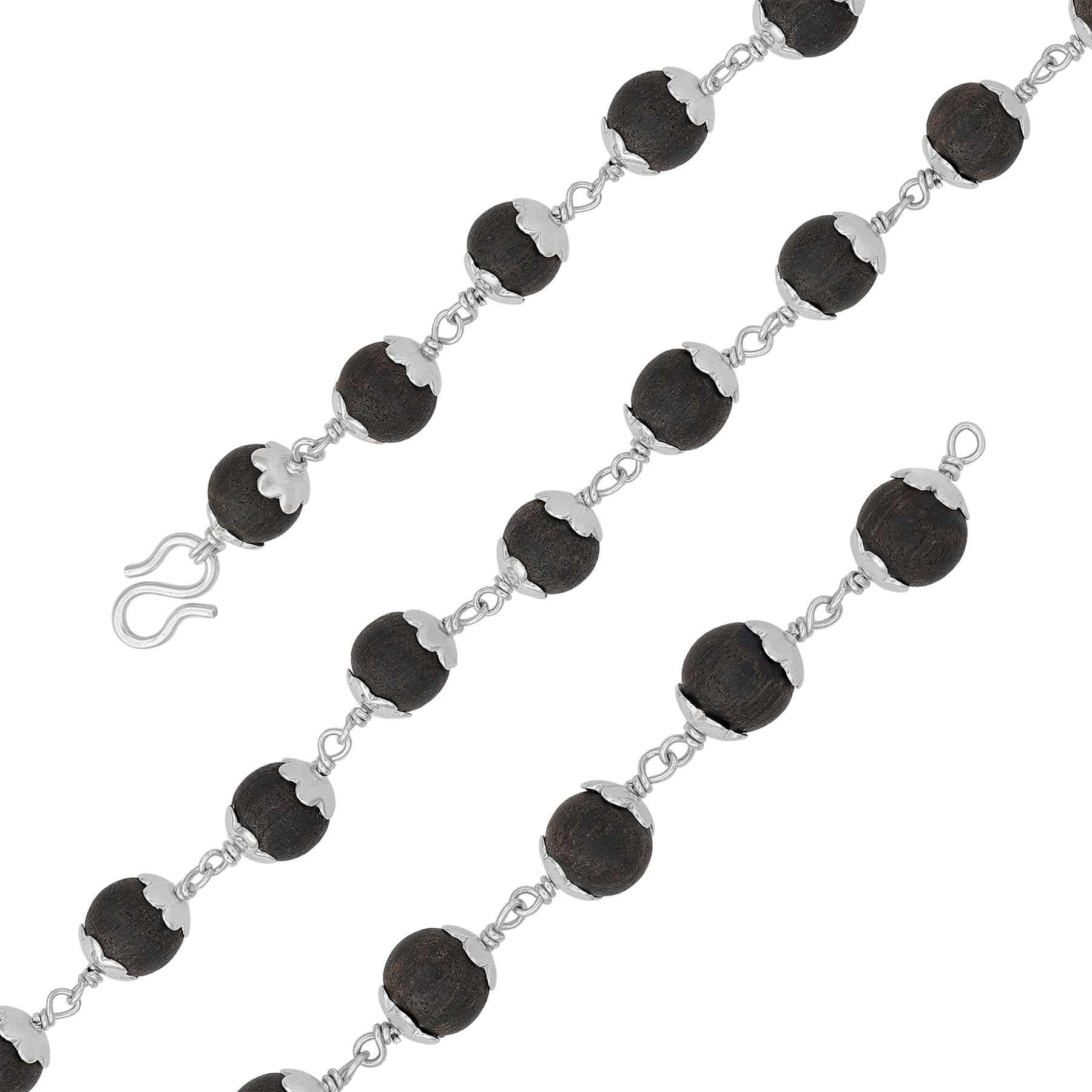 925 Sterling Silver Black Tulsi Bead Traditional Silver Cap Bracelet for Men