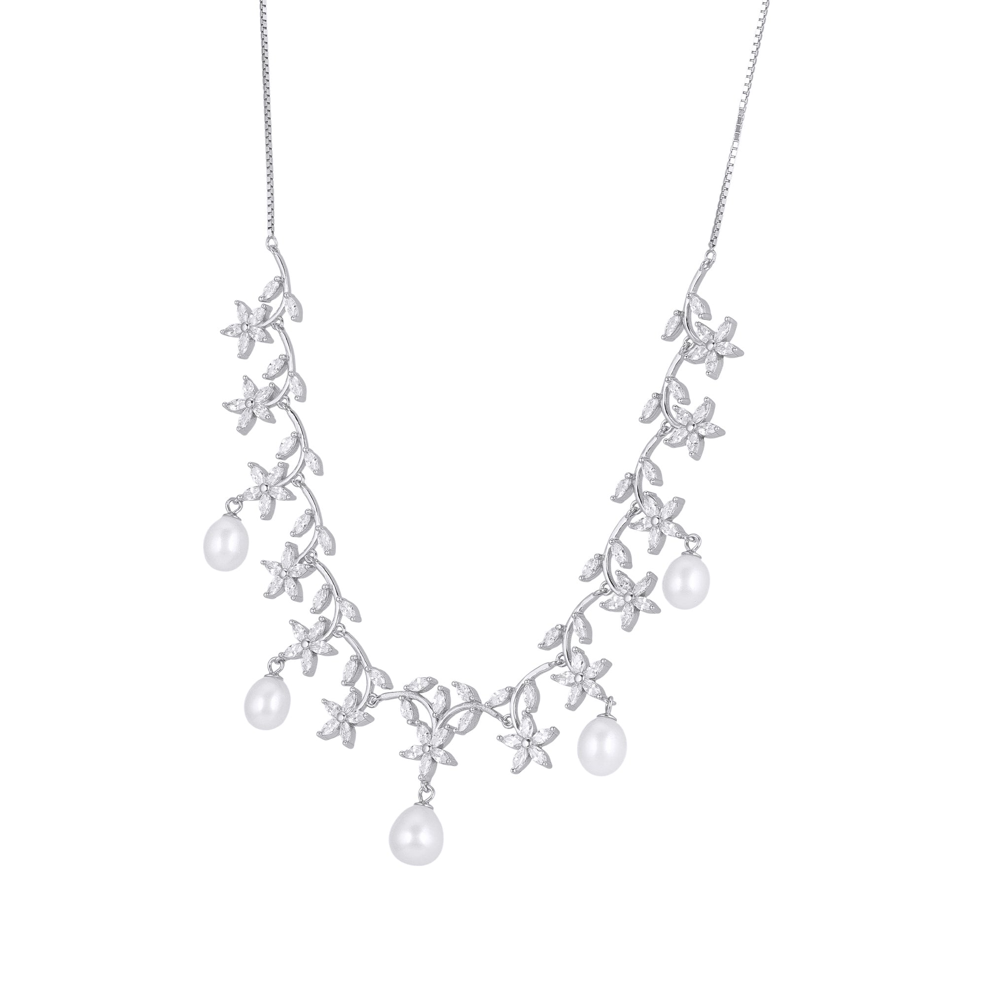 925 Sterling Silver Blooming Pearl Drop Intricate Leafy Vines Necklace for Women