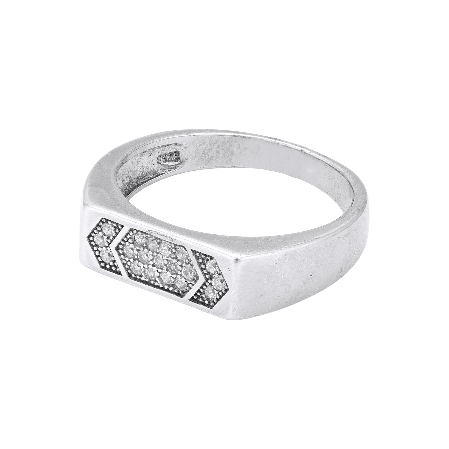 925 Sterling Silver Bold Rectangular Band Triple Hexagon Pave-Set Ring for Men