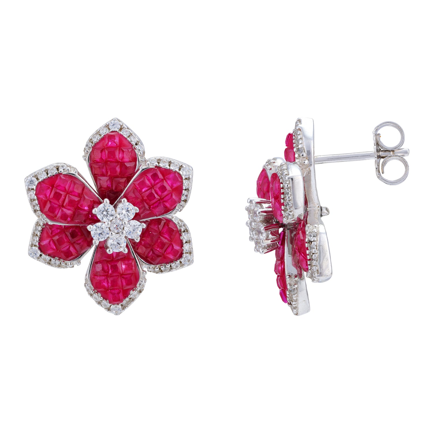 925 Sterling Silver Carved Ruby Petal Floral Stud Earring for Women
