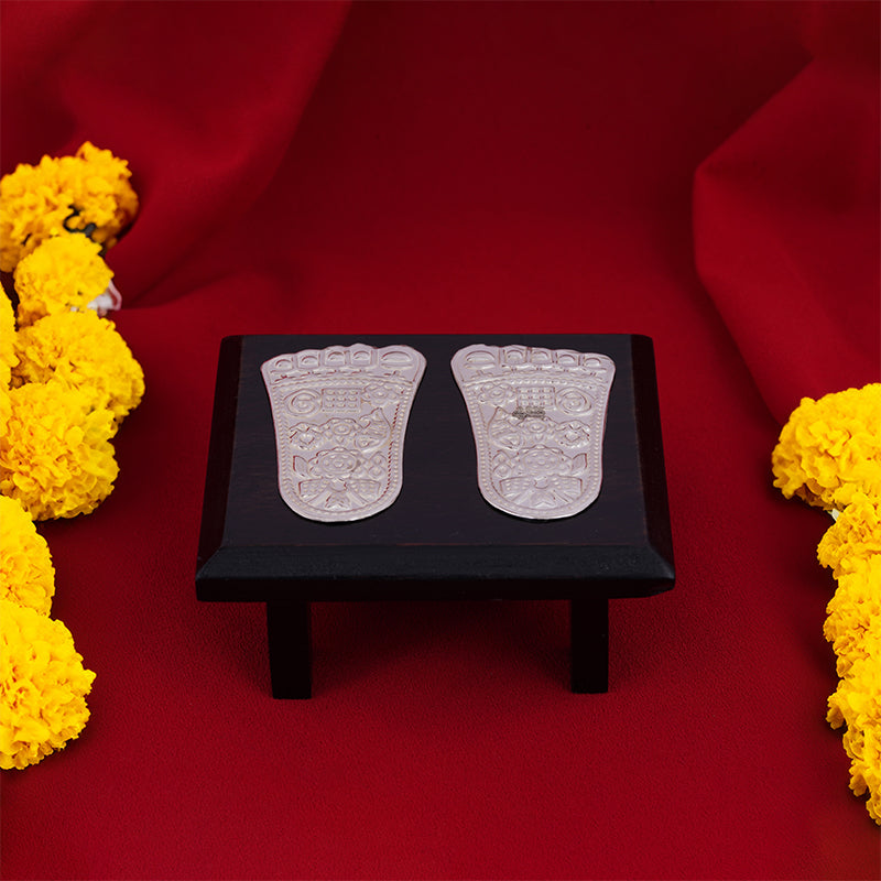 925 Sterling Silver Charan Paduka With Rosewood Stand For Pooja