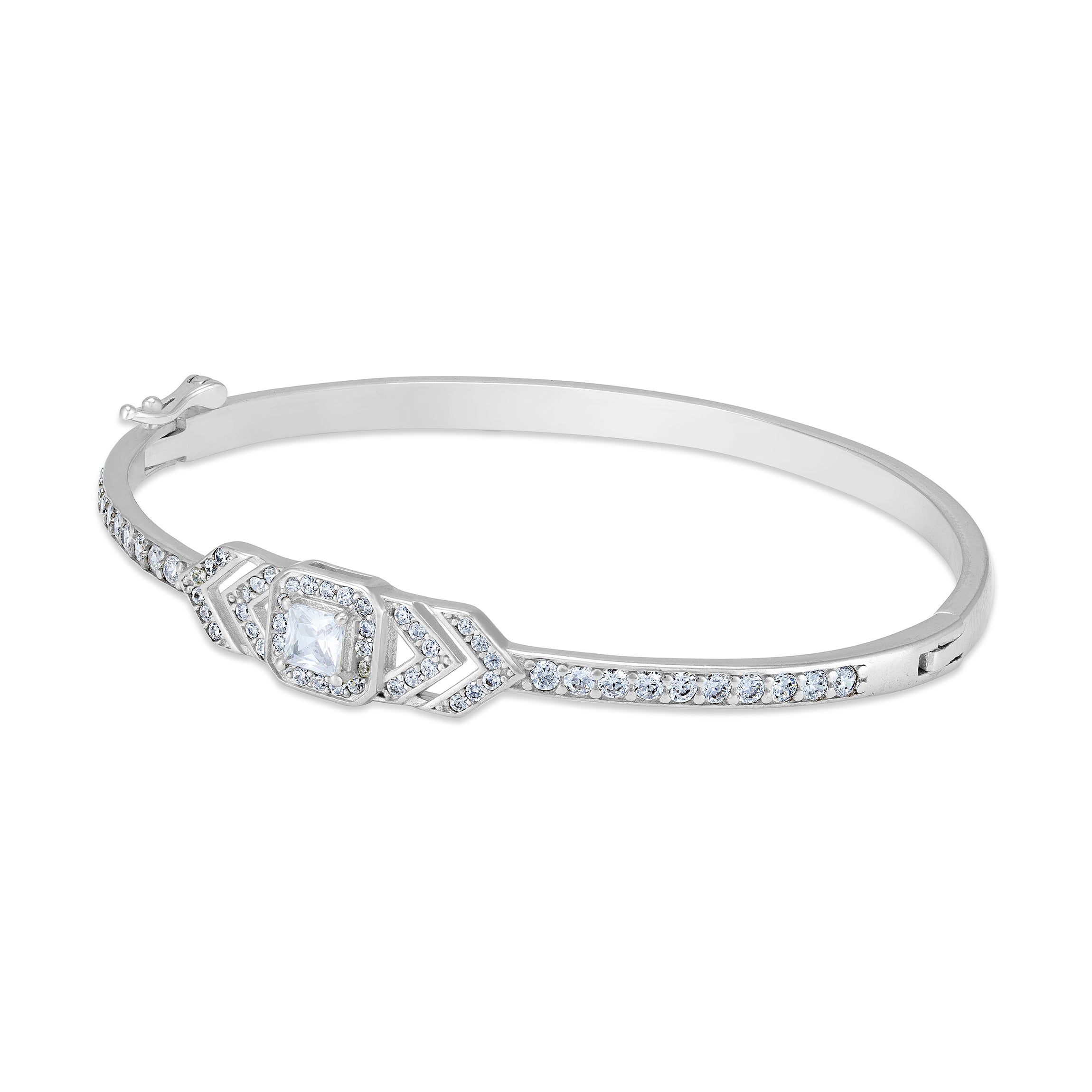 925 Sterling Silver Chevron AccentSquare Solitaire Center Rhodium Plated Bracelet for Women