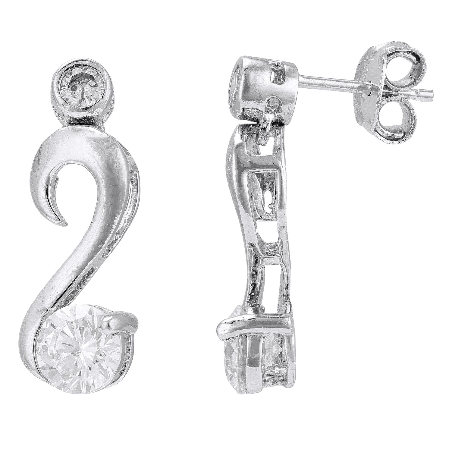 925 Sterling Silver Classic Flourish Hook Bottom Stones Rhodium Plated Earrings for Women