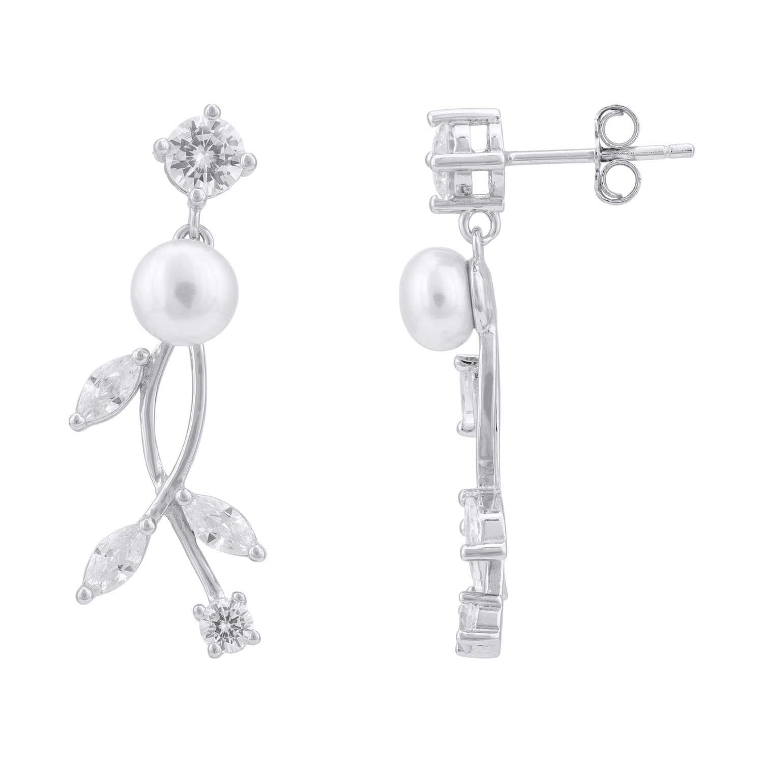 925 Sterling Silver Crossover Leafy Pearl Earrings for Women