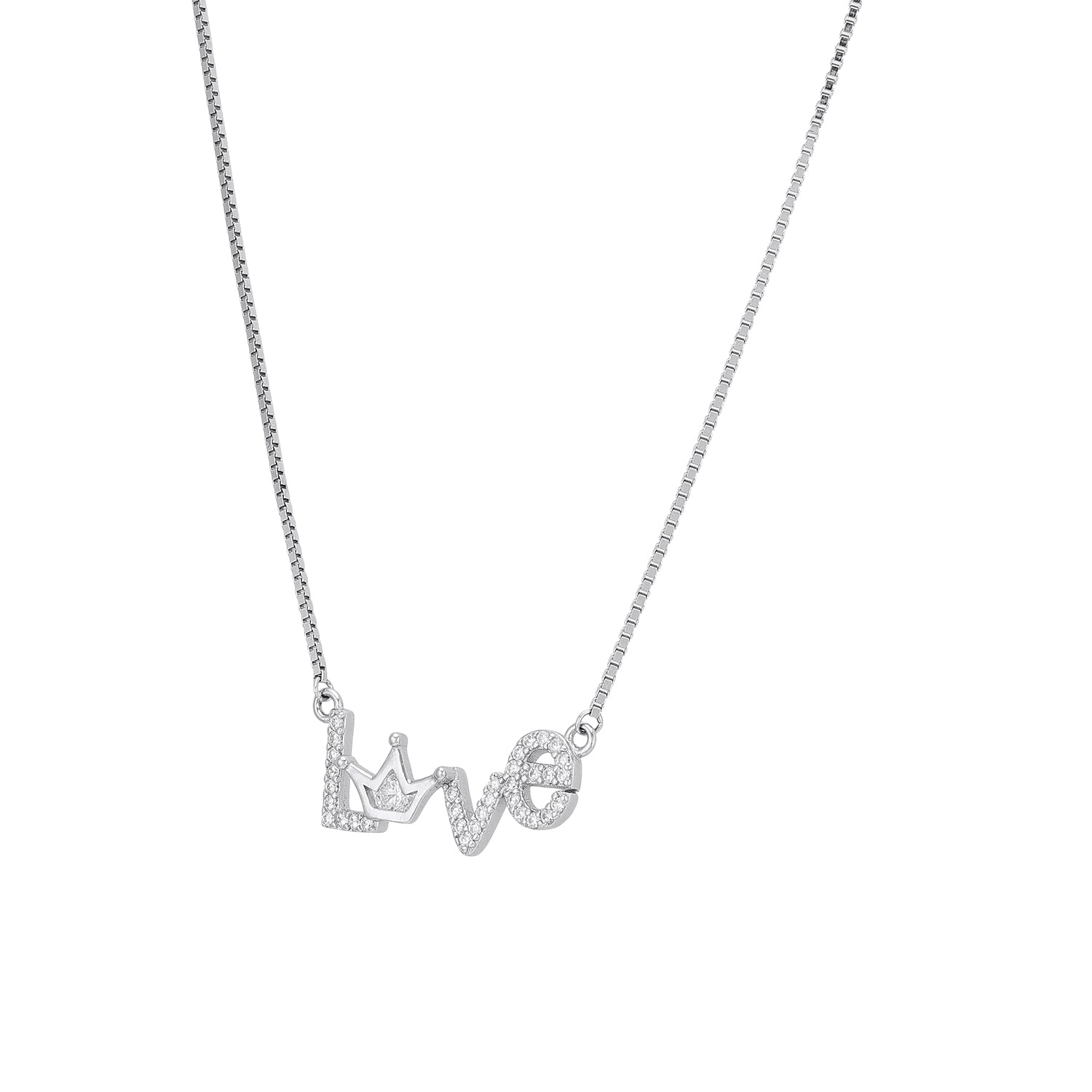 925 Sterling Silver Crowned LOVE Rhodium Plated Chain Pendant for Women