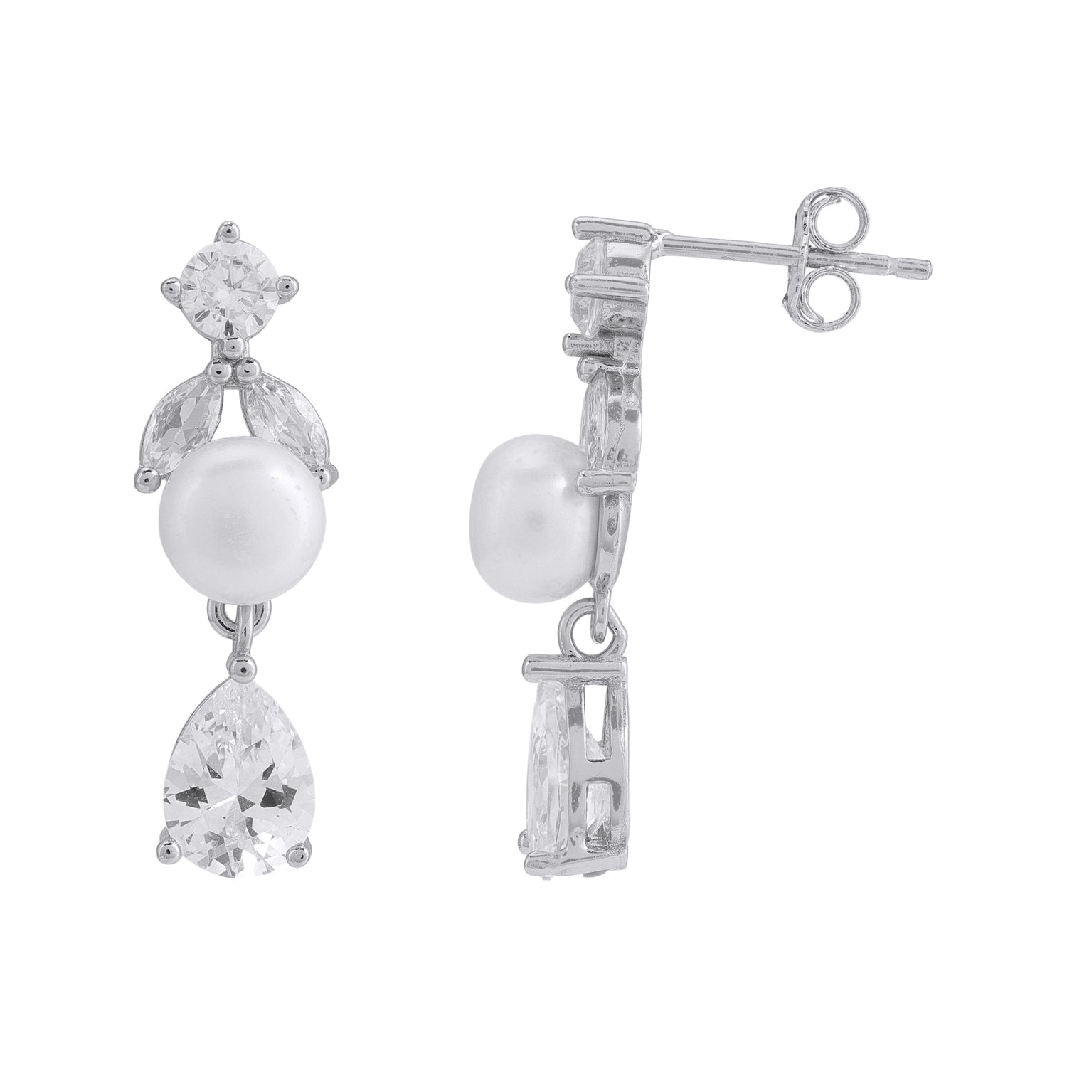 925 Sterling Silver Crystal-Embellished Pearl Drop Earrings for Women