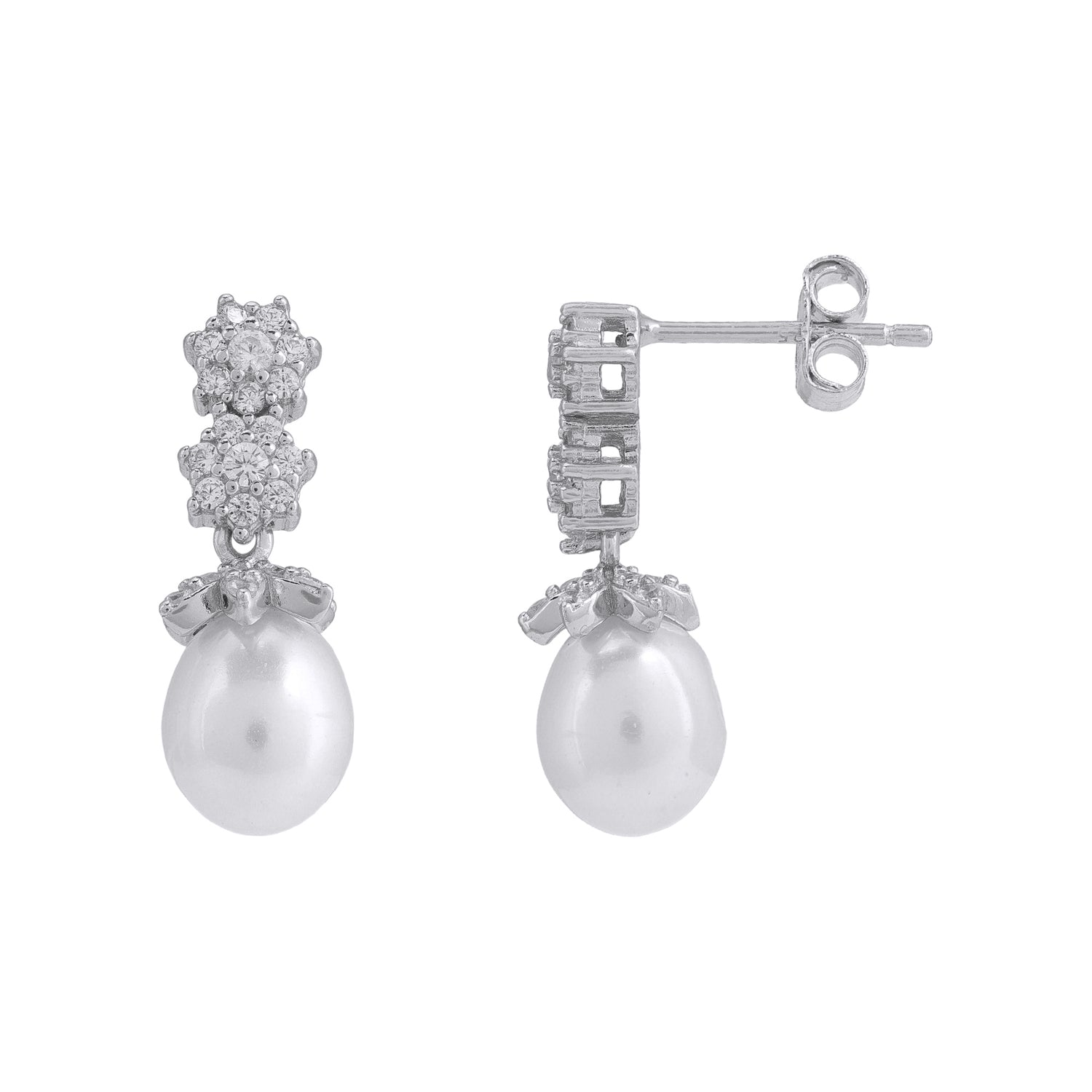 925 Sterling Silver Crystal Bloom Lustrous Oval Pearl Earrings for Women