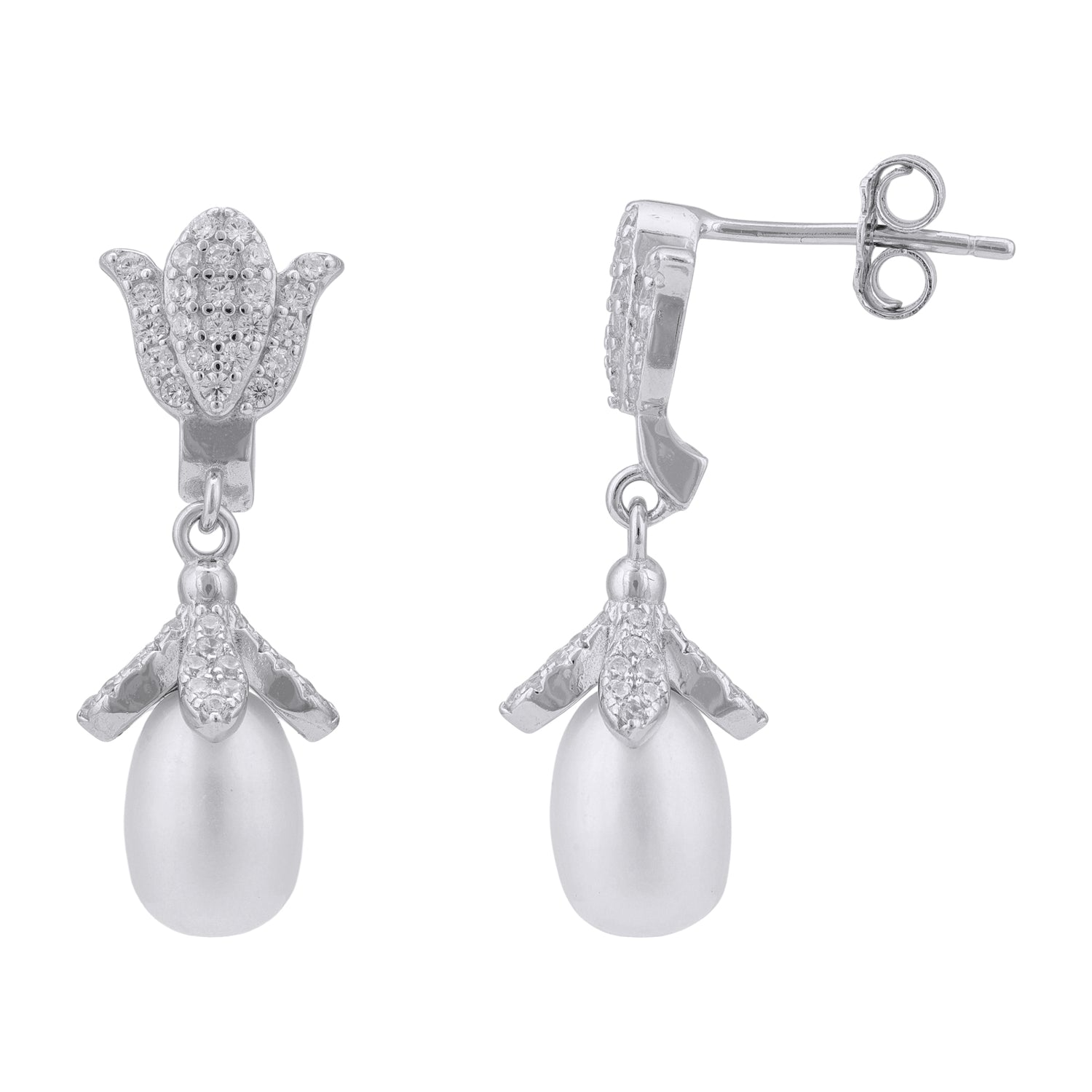 925 Sterling Silver Crystal Tulip Pearl Dangling Earrings for Women