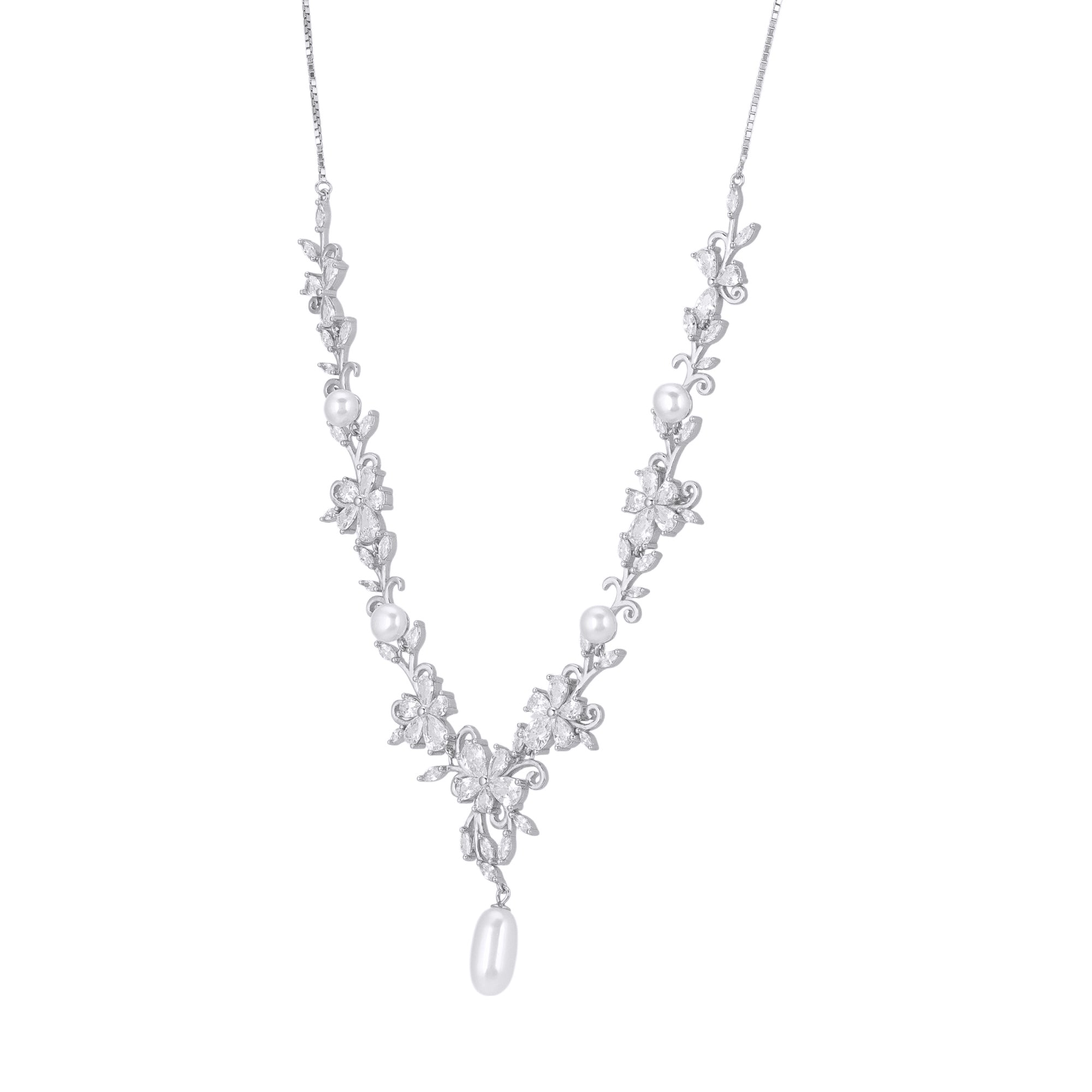 925 Sterling Silver Crystal Vine Teardrop Pearl Necklace for Women