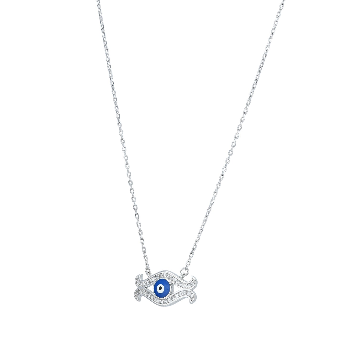 925 Sterling Silver Curved Evil Eye Blue Enamel Center Wave Frame Chain Pendant for Women