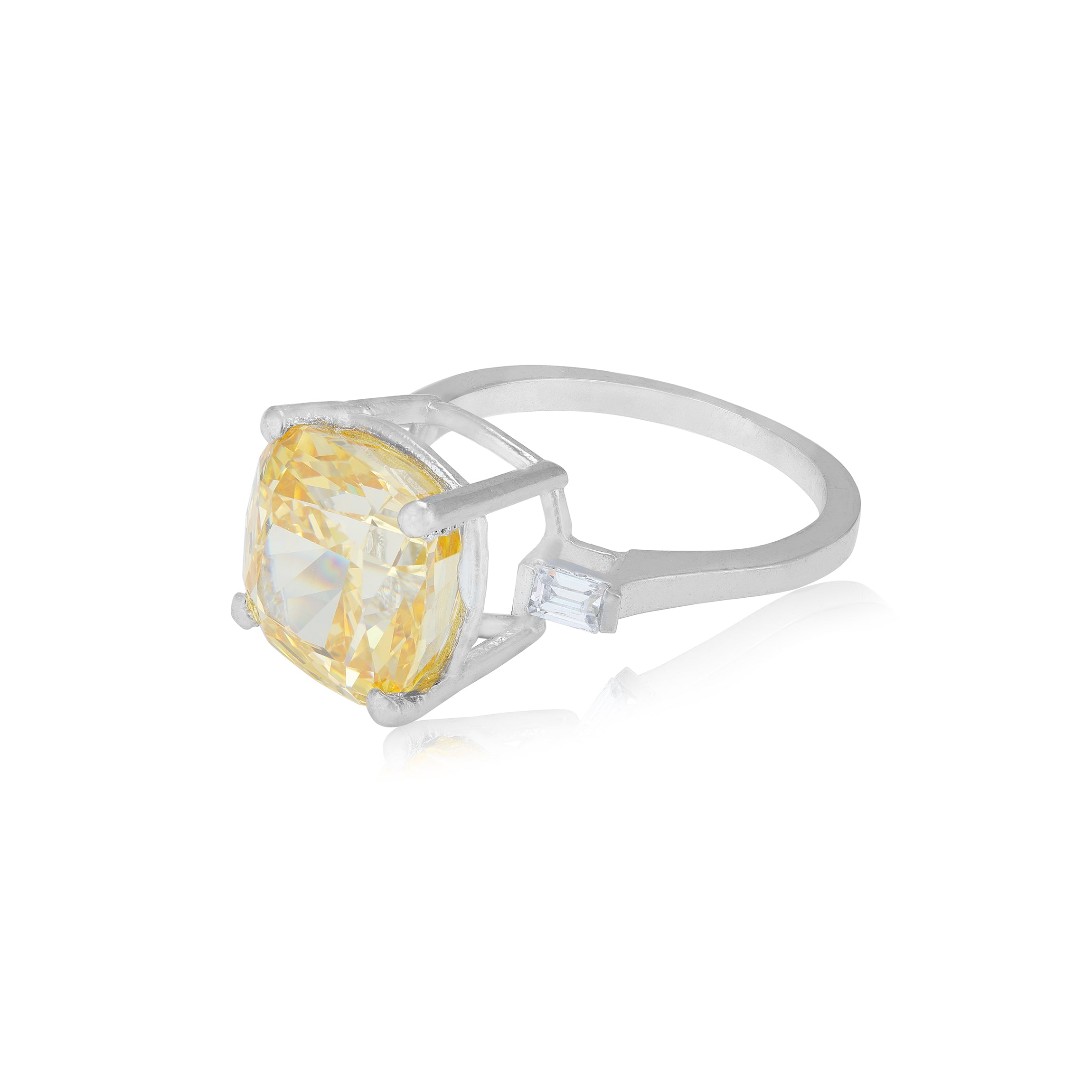 925 Sterling Silver Cushion Cut Yellow Sapphire Rhodium Plated Rings for Women