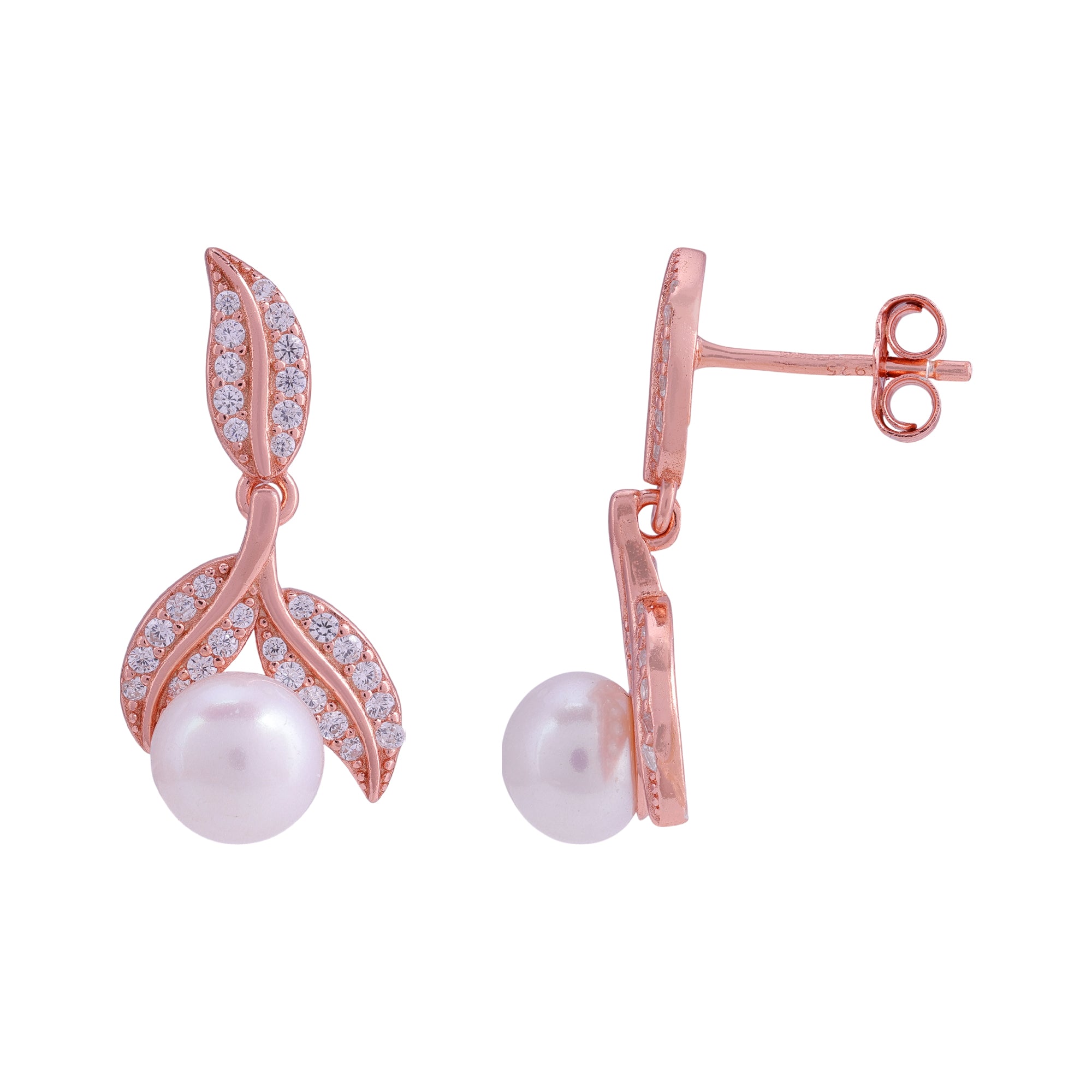 925 Sterling Silver Delicate Leaf Motif Rose Gold Centered Pearl Earrings for Women