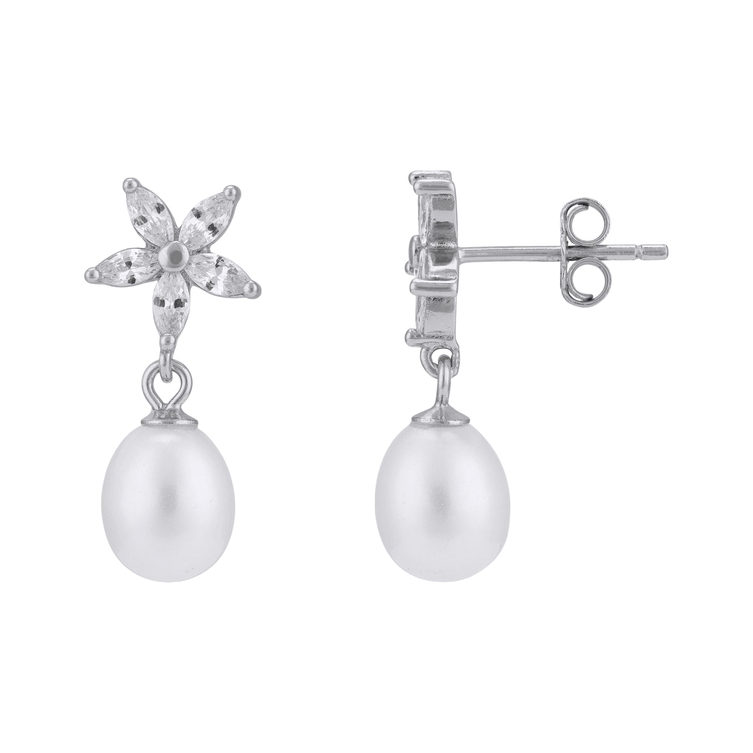 925 Sterling Silver Delicate Star-Flower Classic Pearl Dangle Earrings for Women