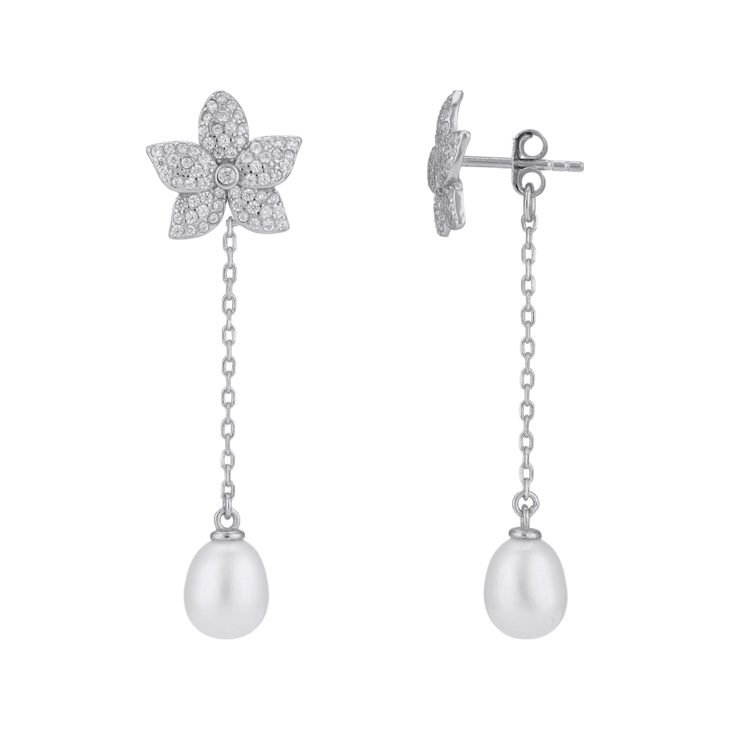925 Sterling Silver Delicate Star Chain Link Pearl Drop Earrings for Women