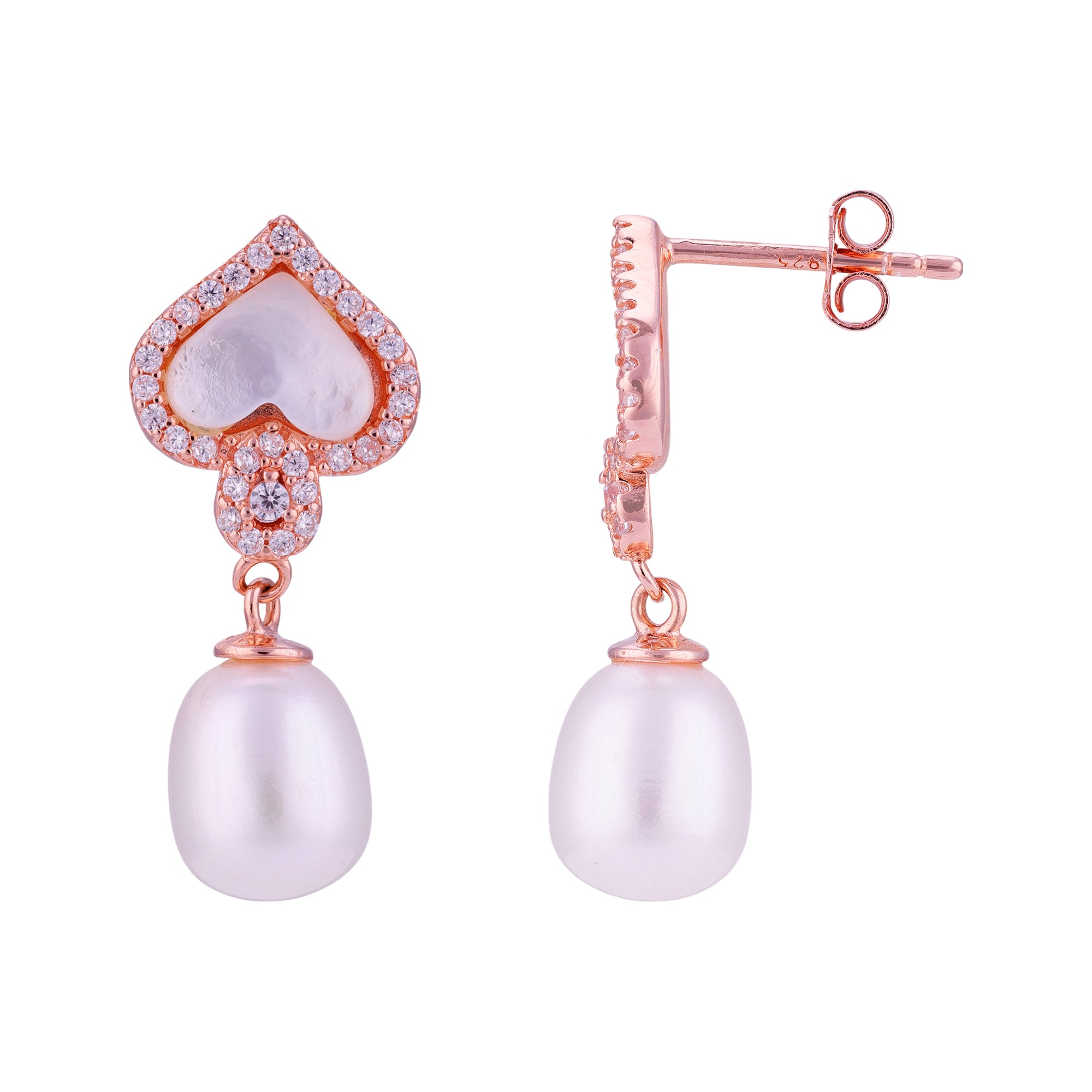 925 Sterling Silver Diamond Outline Heart Top Glossy Pearl Drop for Women