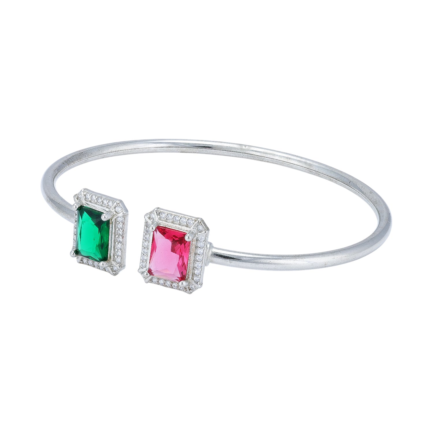 925 Sterling Silver Dual Emerald-Cut Pink Stone Rhodium Plated Open Bracelet for Women