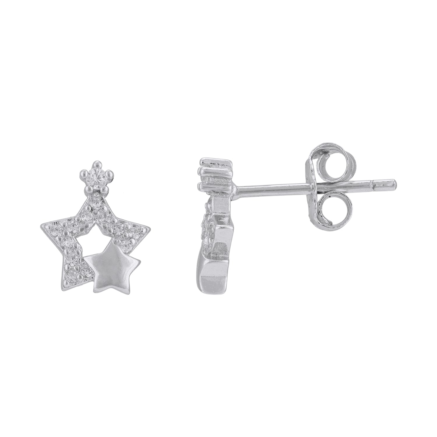 925 Sterling Silver Dual Star Diamond Stud Earrings with Open Frame and Polished Accent for Women