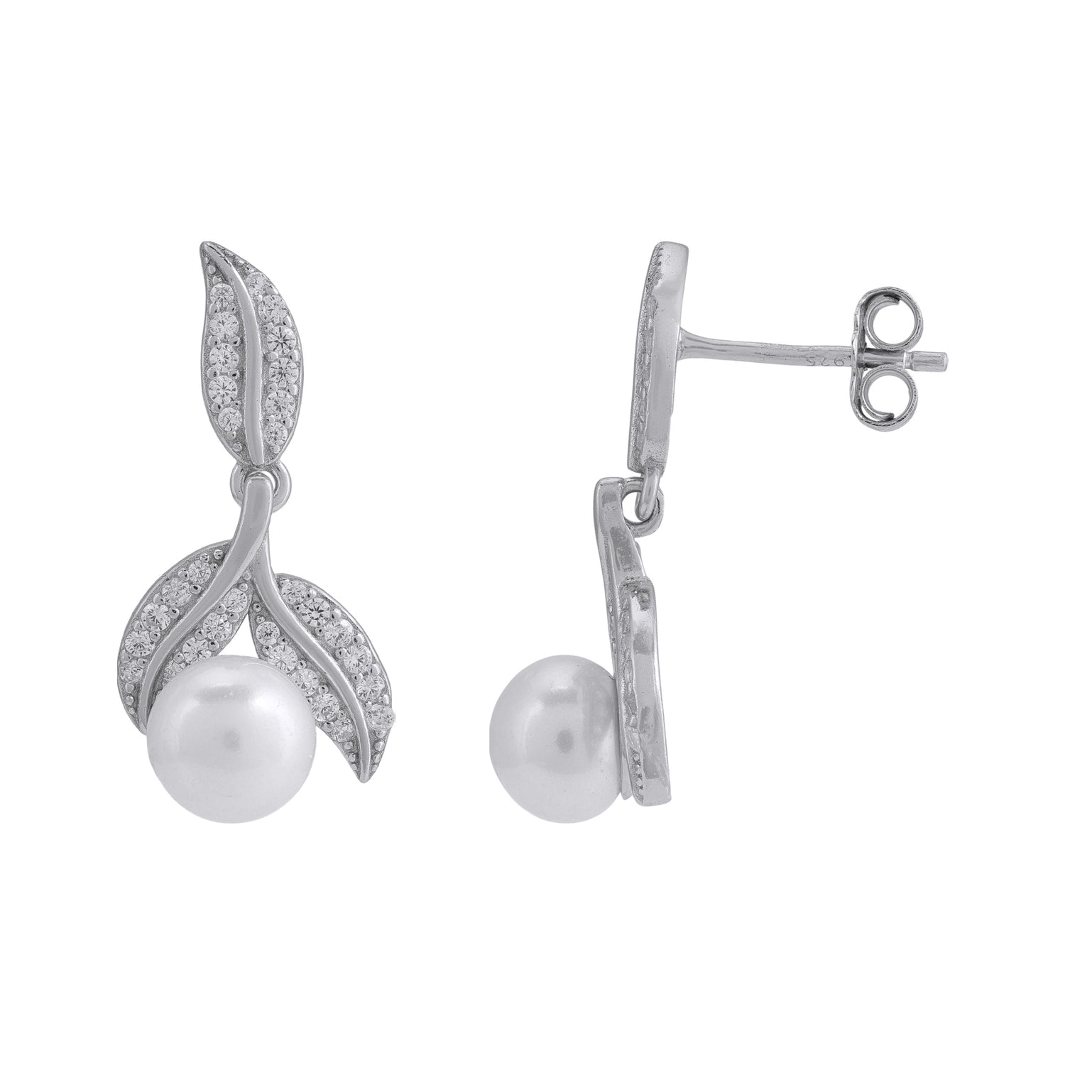 925 Sterling Silver Elegant Leaf Round White Pearl Earrings for Women