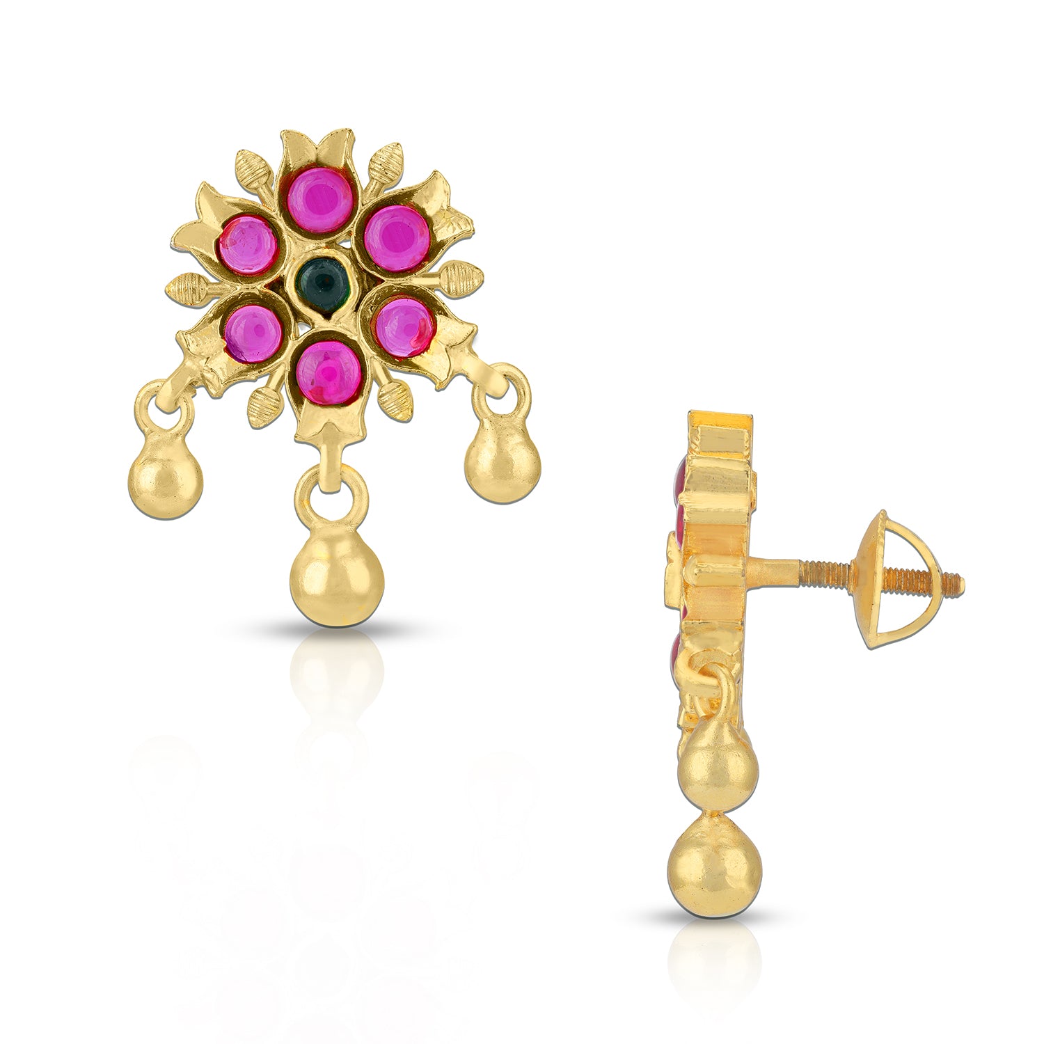 Gold earrings with colorful gemstones on a white background